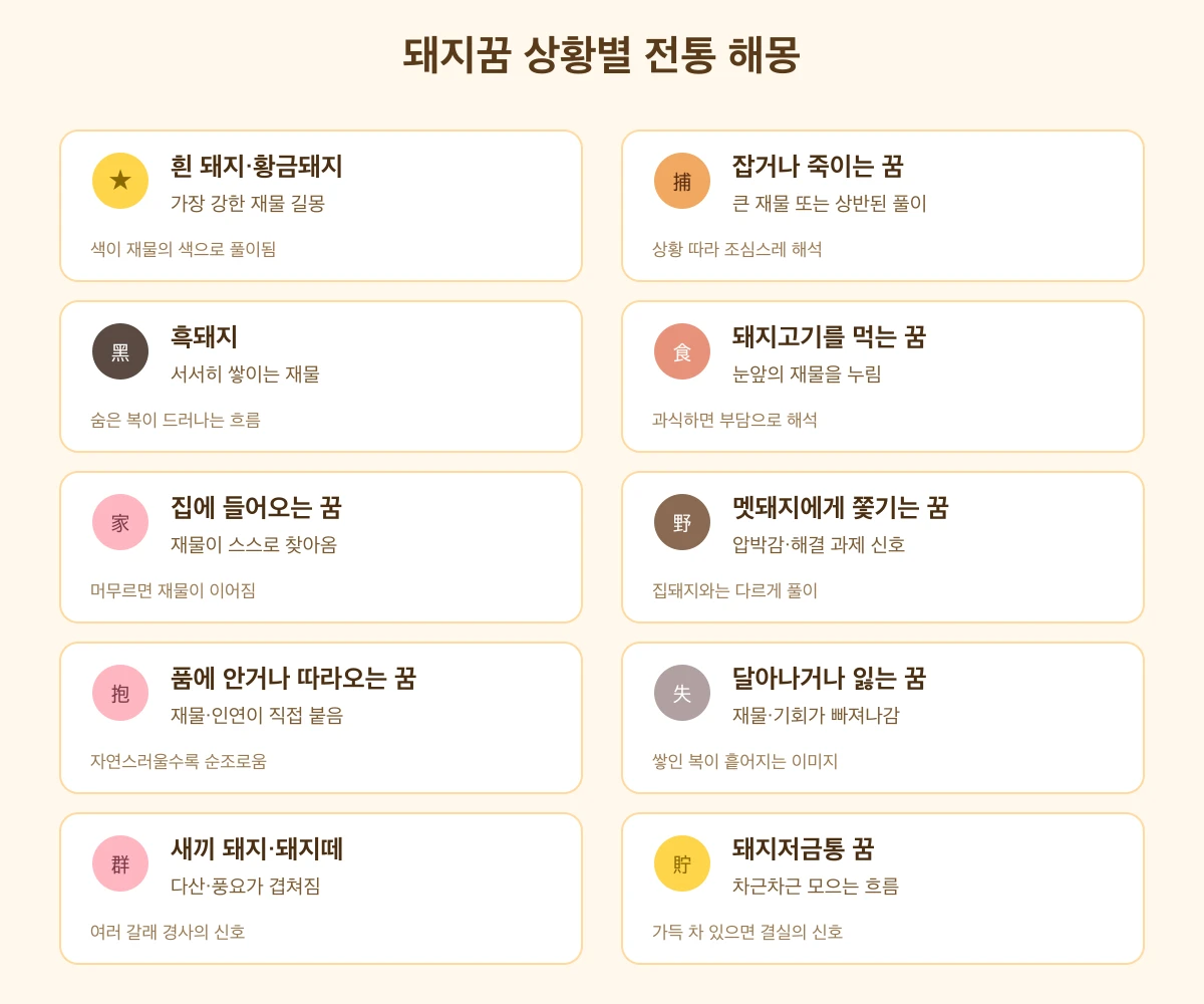 돼지꿈 상황별 전통 해몽을 정리한 도식