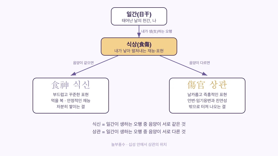 십성 안에서 식상의 위치와 식신·상관 분기 — 일간이 생하는 오행 중 음양이 같으면 식신, 다르면 상관